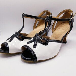 40s Style Dance and Sway White Patent Leather Peep Toe T-strap - Size 8-9